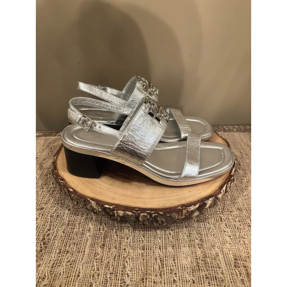 TORY BURCH METALLIC Silver LEATHER Eleanor Block HEEL Sandals 7.5 349$